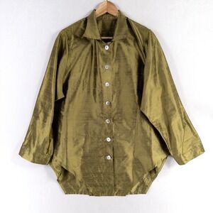 Unbranded Shirt Women One Size Green Woven Button Up Split Back Artsy Lagenlook